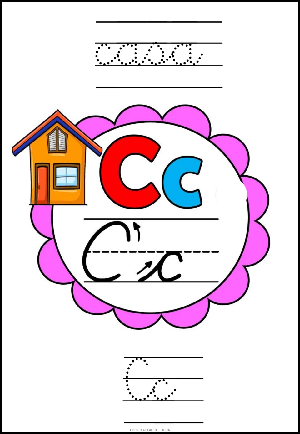 Letter Cc, casa: students trace the dotted cursive word casa and the letters Cc beside a house picture and cursive model