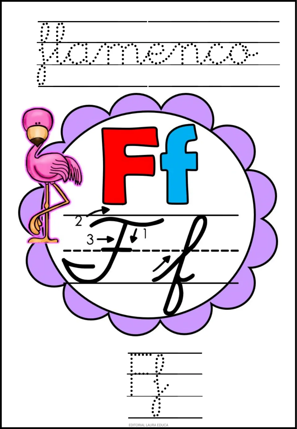 Letter Ff, flamenco: students trace the cursive word flamenco and dotted Ff, using numbered strokes 1 to 3 for cursive F