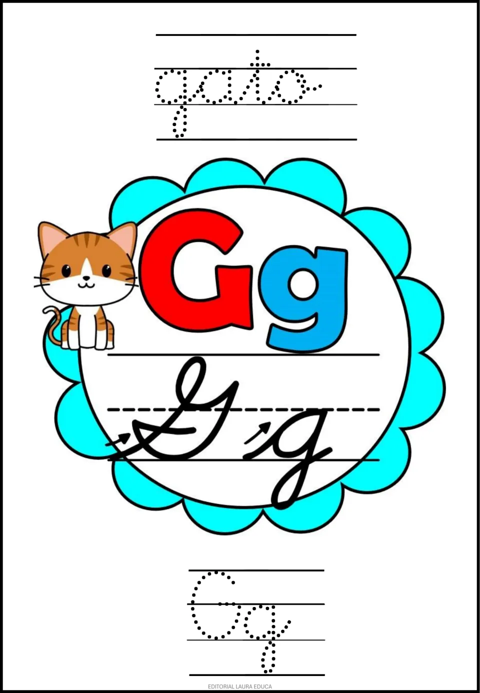Letter Gg, gato: students trace the dotted cursive word gato and the letters Gg, with a kitten and cursive G and g model