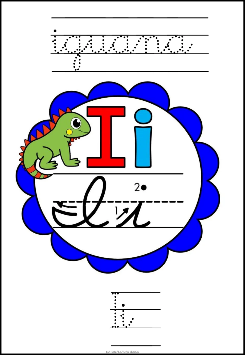 Letter Ii, iguana: students trace the cursive word iguana and dotted Ii, adding the dot second as numbered on cursive i