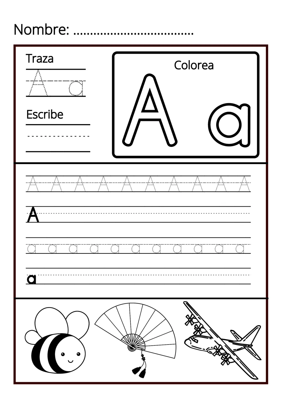 Letter Aa handwriting: students trace, colour and write A and a, plus pictures of a bee, a fan and an airplane