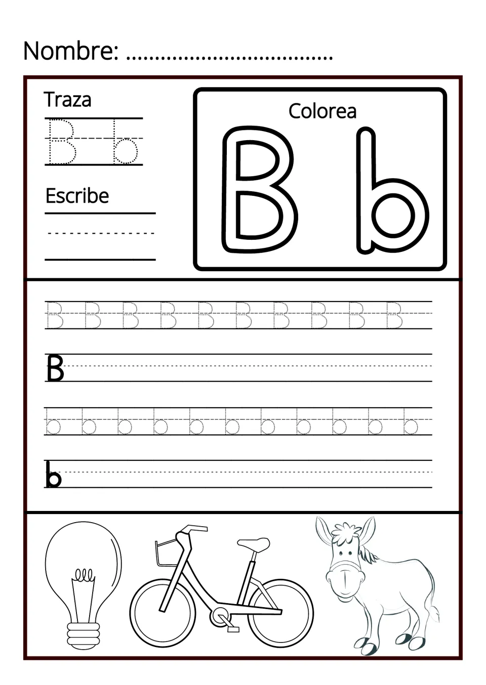 Letter Bb handwriting: students trace, colour and write B and b, plus pictures of a light bulb, a bicycle and a donkey