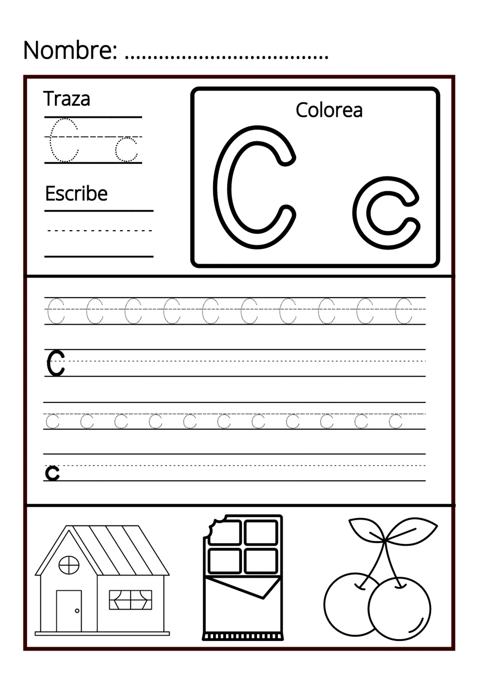Letter Cc handwriting: students trace, colour and write C and c, plus pictures of a house, a chocolate bar and cherries