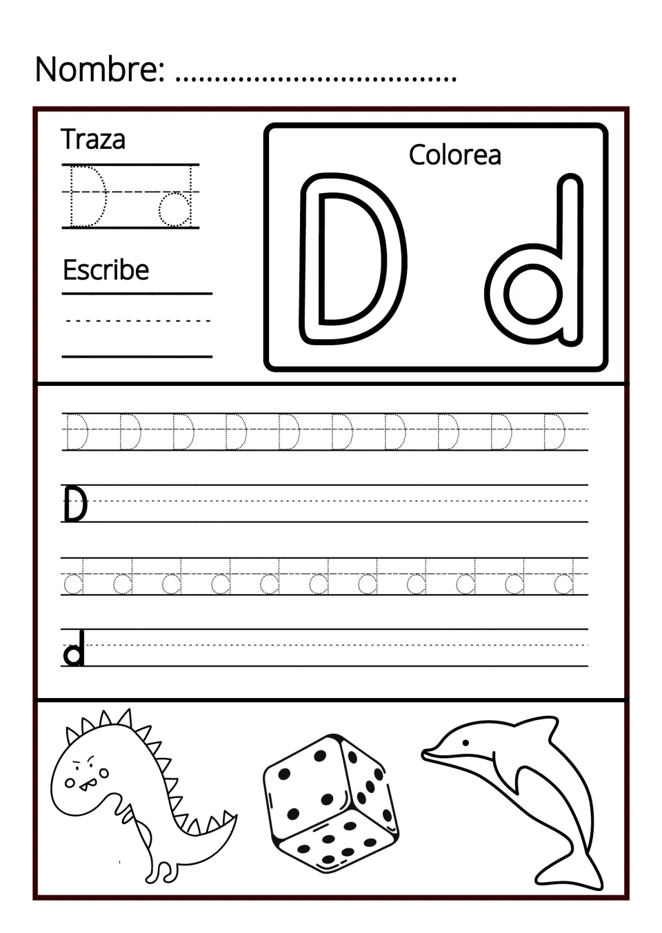 Letter Dd handwriting: students trace, colour and write D and d, plus pictures of a dinosaur, a die and a dolphin