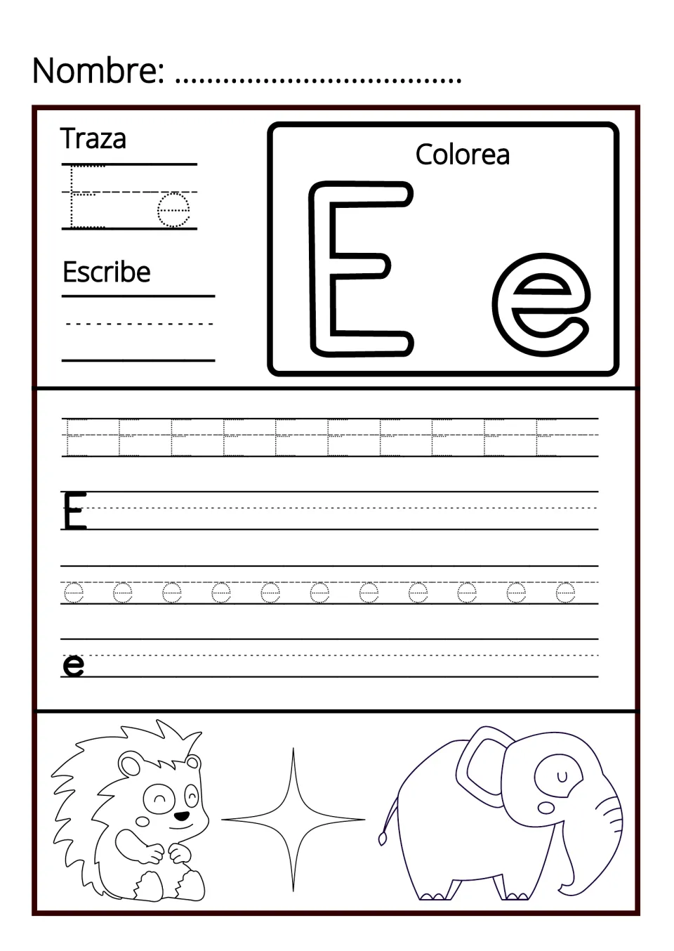 Letter Ee handwriting: students trace, colour and write E and e, plus pictures of a hedgehog, a star and an elephant