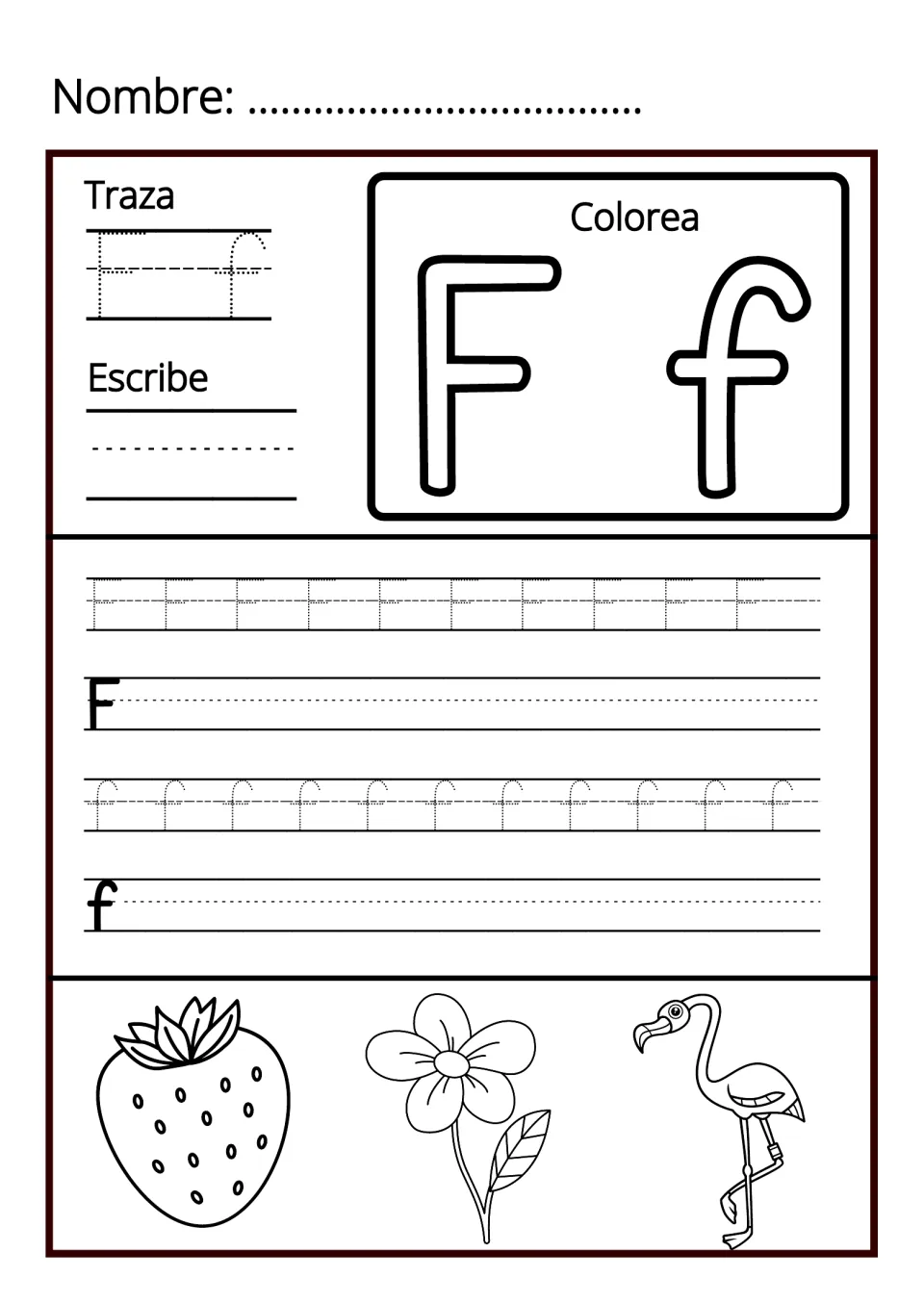 Letter Ff handwriting: students trace, colour and write F and f, plus pictures of a strawberry, a flower and a flamingo