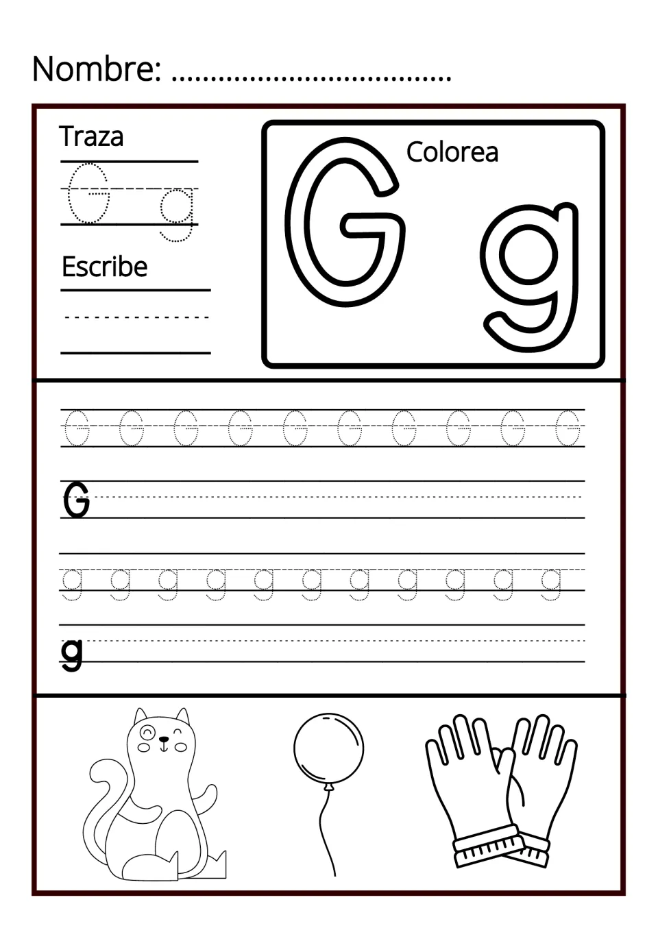 Letter Gg handwriting: students trace, colour and write G and g, plus pictures of a cat, a balloon and gloves