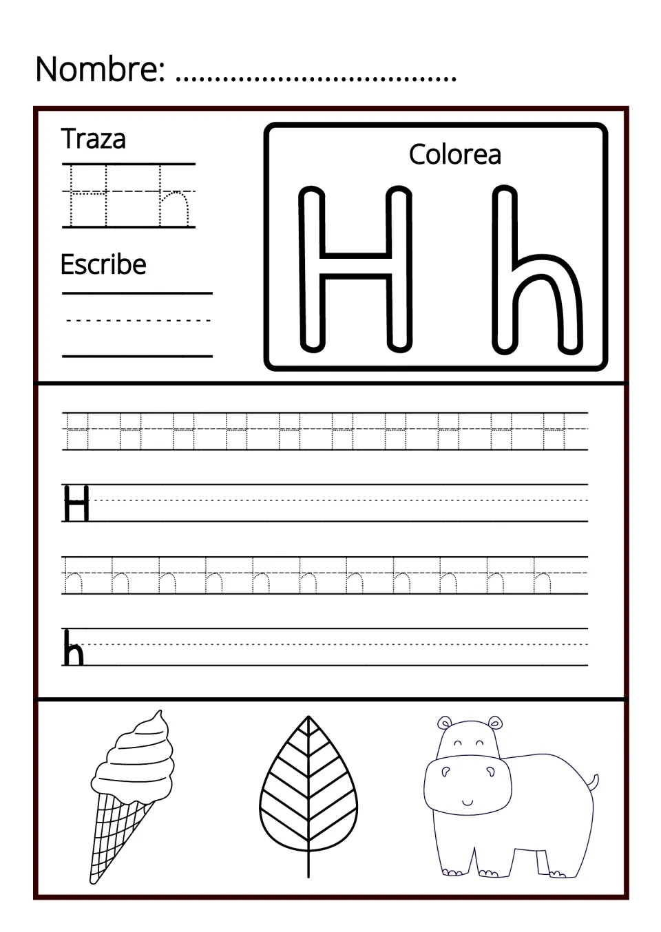 Letter Hh handwriting: students trace, colour and write H and h, plus pictures of an ice cream cone, a leaf and a hippo