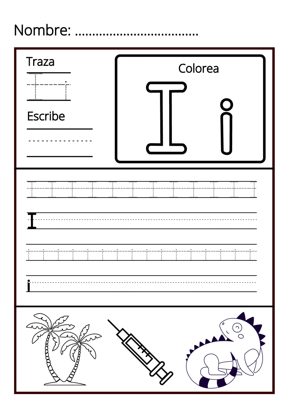 Letter Ii handwriting: students trace, colour and write I and i, plus pictures of palm trees, a syringe and an iguana