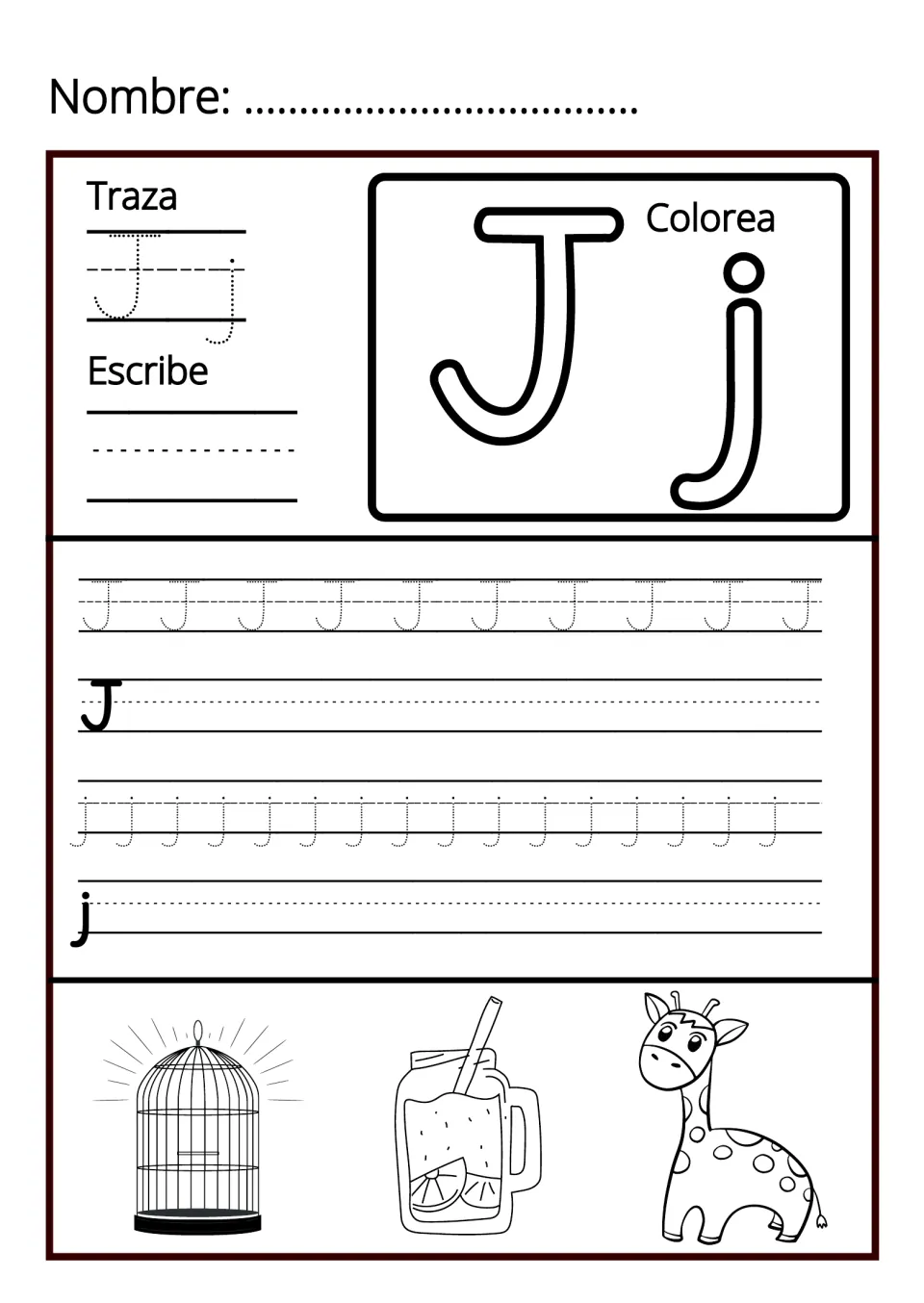 Letter Jj handwriting: students trace, colour and write J and j, plus pictures of a birdcage, a jar of juice and a giraffe