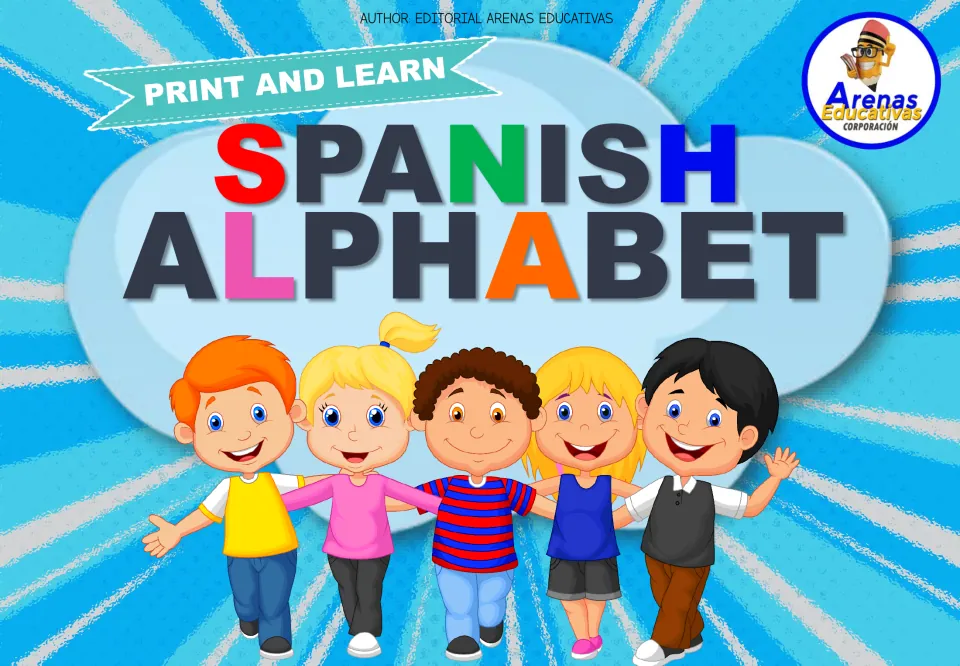 Spanish alphabet minibook cover with a Print and Learn banner, bold multicolor title and five smiling cartoon children