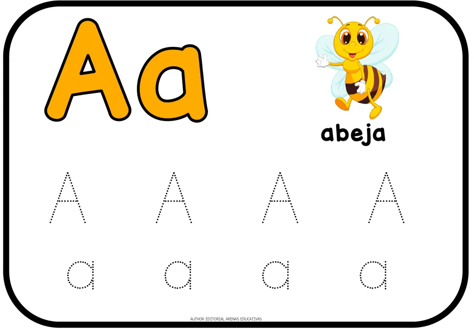 Spanish letter Aa for abeja (bee): students practise letter formation by tracing four dotted capital A and four small a