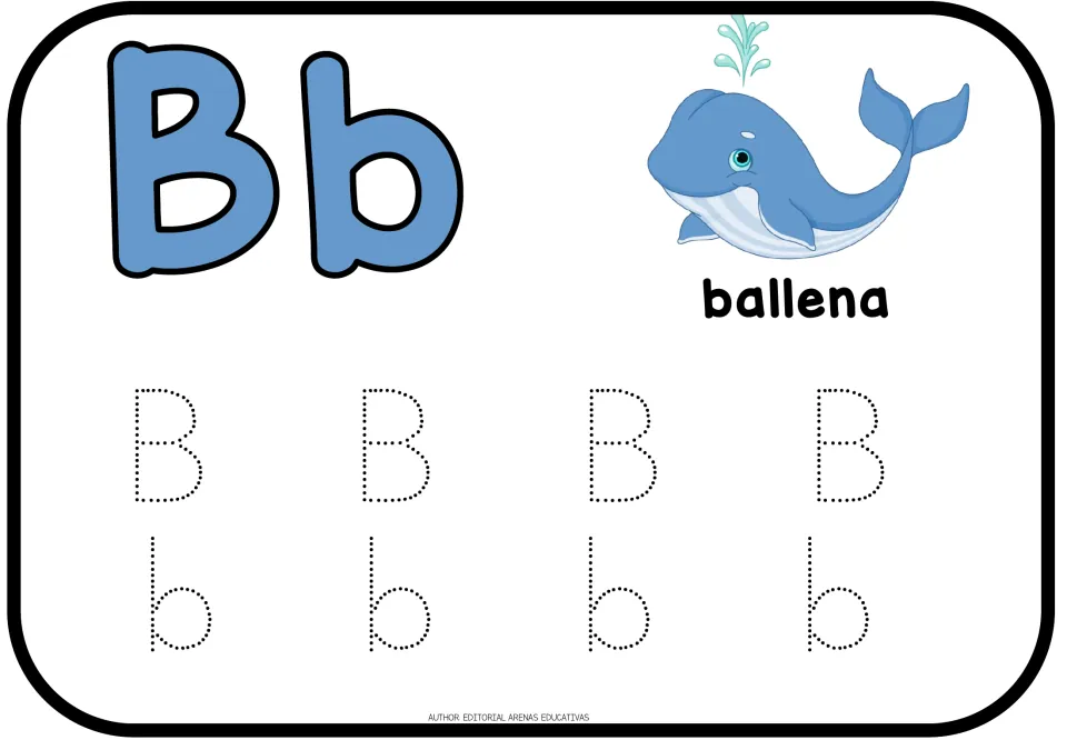 Letter Bb with ballena (whale) picture: children trace a row of four dotted uppercase B, then four dotted lowercase b
