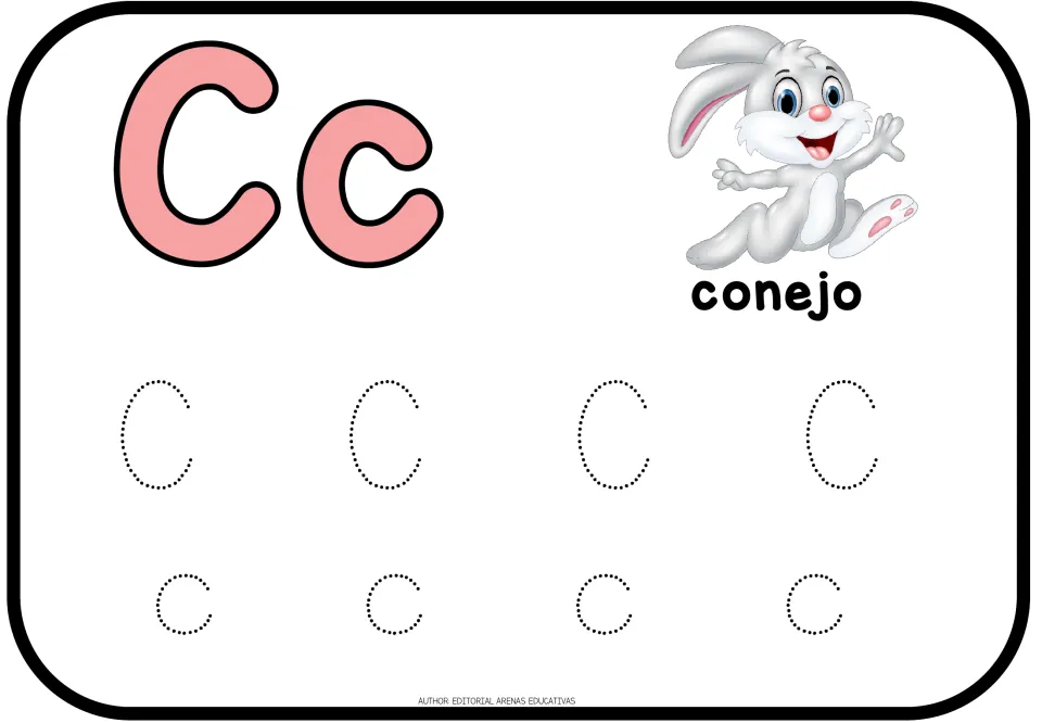 Cc for conejo, shown with a hopping rabbit: learners trace four dotted capital C and four lowercase c to practise writing