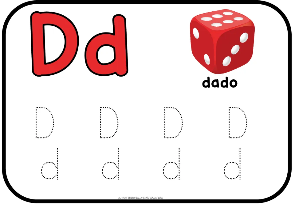 Spanish letter Dd with a red dado (die): students trace dotted uppercase D four times and lowercase d four times