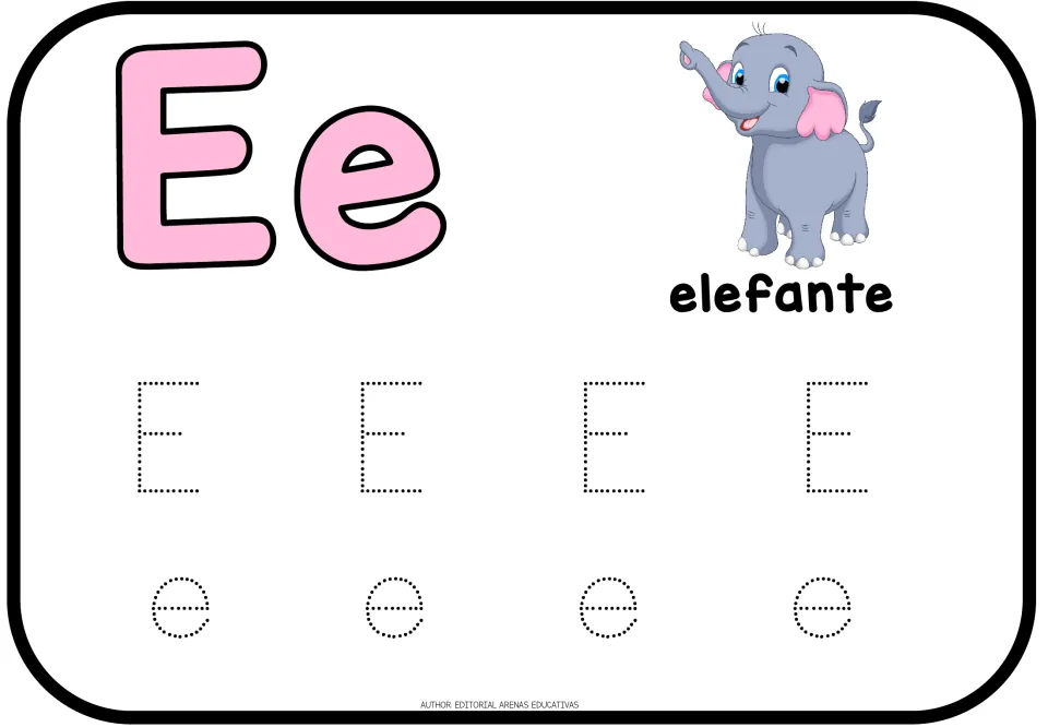 Spanish vowel Ee with elefante (elephant): learners trace four dotted capital E and four small e for letter formation