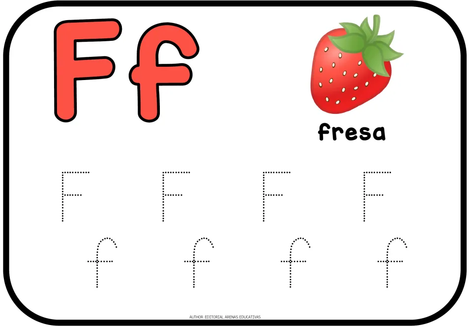 Ff for fresa, pictured as a red strawberry: students trace four dotted uppercase F and four dotted lowercase f