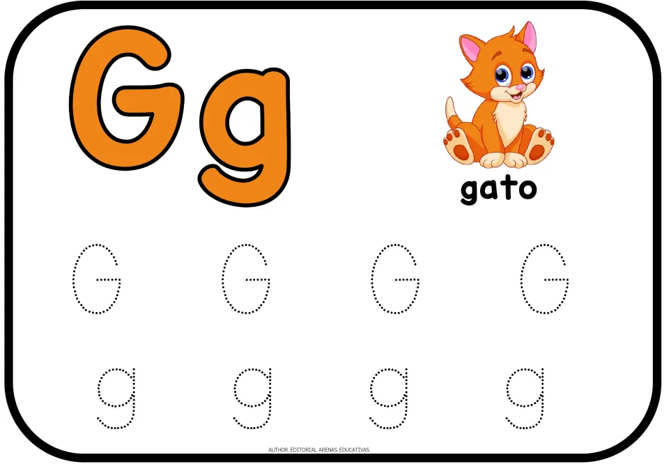 Letter Gg with an orange kitten labeled gato: children trace dotted capital G and lowercase g, four of each