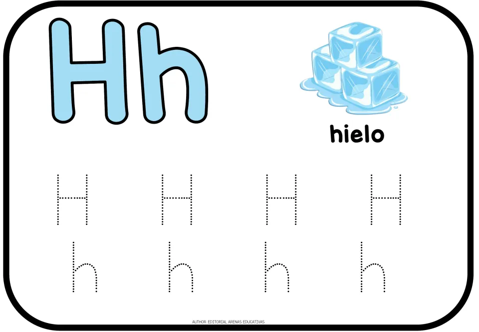 Hh for hielo, shown as a stack of ice cubes: students trace four dotted uppercase H and four dotted lowercase h