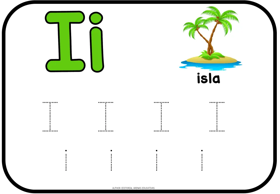 Vowel Ii with a palm-tree isla (island): learners trace four dotted serif capital I and four dotted lowercase i