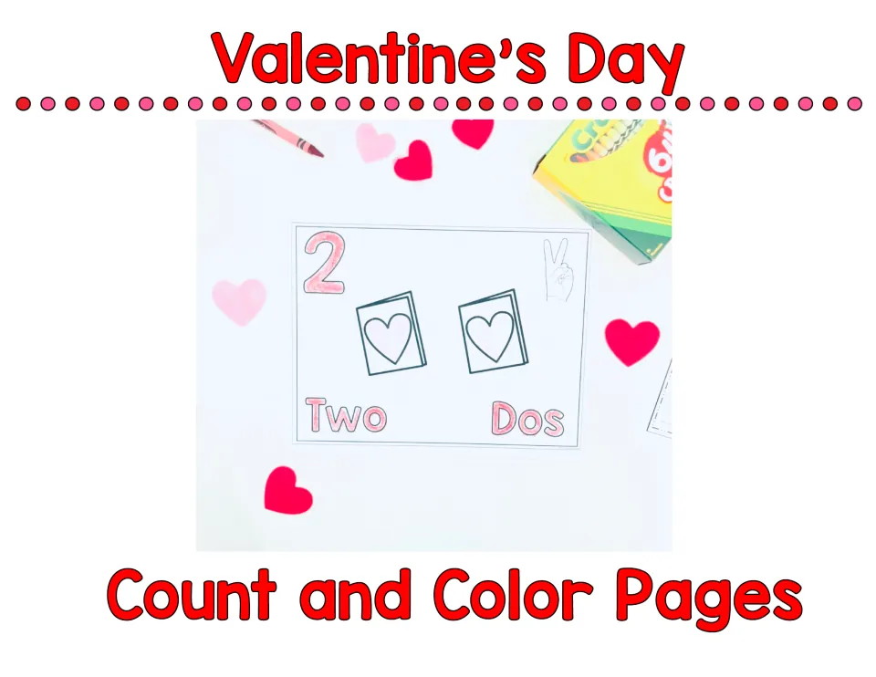 Cover for Valentine's Day Count and Color Pages, showing the sample number 2 coloring sheet labeled Two and Dos