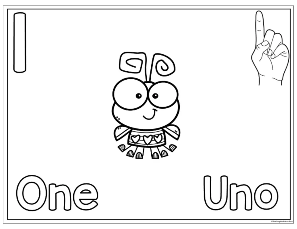 Number 1 counting and coloring sheet with one Valentine bug, a hand gesture, and the words One and Uno