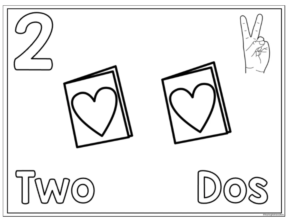 Number 2 counting and coloring sheet with two heart cards, a hand gesture, and the words Two and Dos