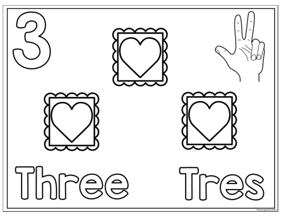 Number 3 counting and coloring sheet with three heart stamps, a hand gesture, and the words Three and Tres