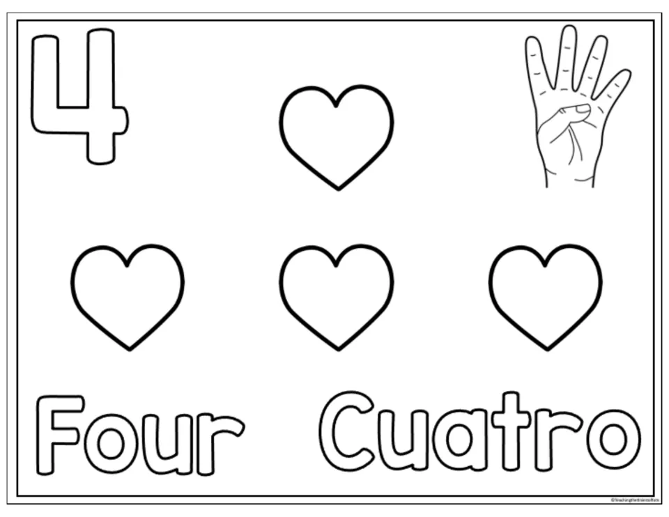 Number 4 counting and coloring sheet with four hearts, a hand gesture, and the words Four and Cuatro