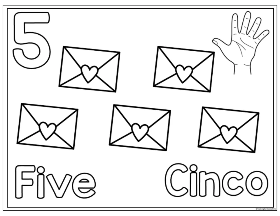 Number 5 counting and coloring sheet with five heart envelopes, a hand gesture, and the words Five and Cinco