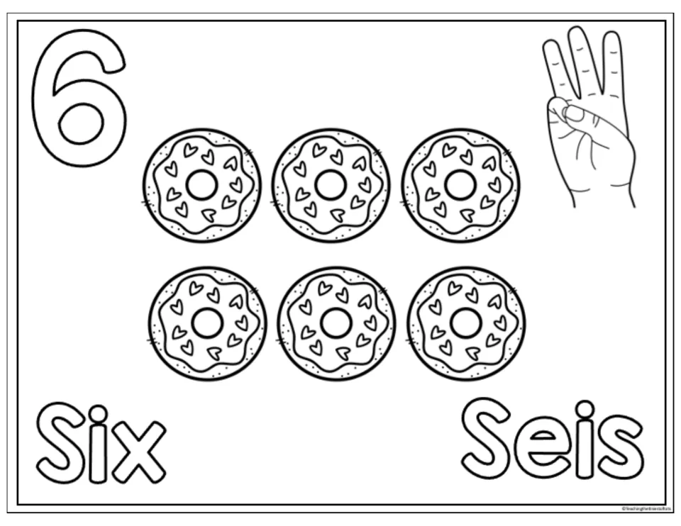 Number 6 counting and coloring sheet with six heart-decorated donuts, a hand gesture, and the words Six and Seis