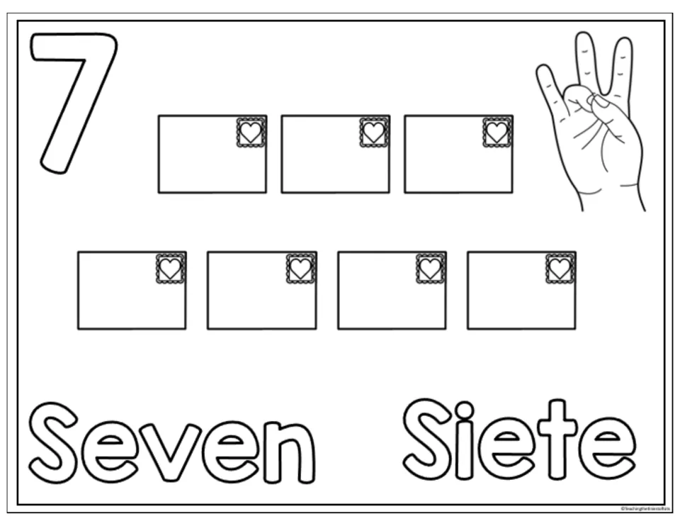 Number 7 counting and coloring sheet with seven stamped envelopes, a hand gesture, and the words Seven and Siete
