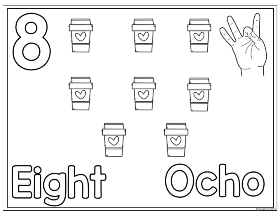 Number 8 counting and coloring sheet with eight heart-labeled cups, a hand gesture, and the words Eight and Ocho