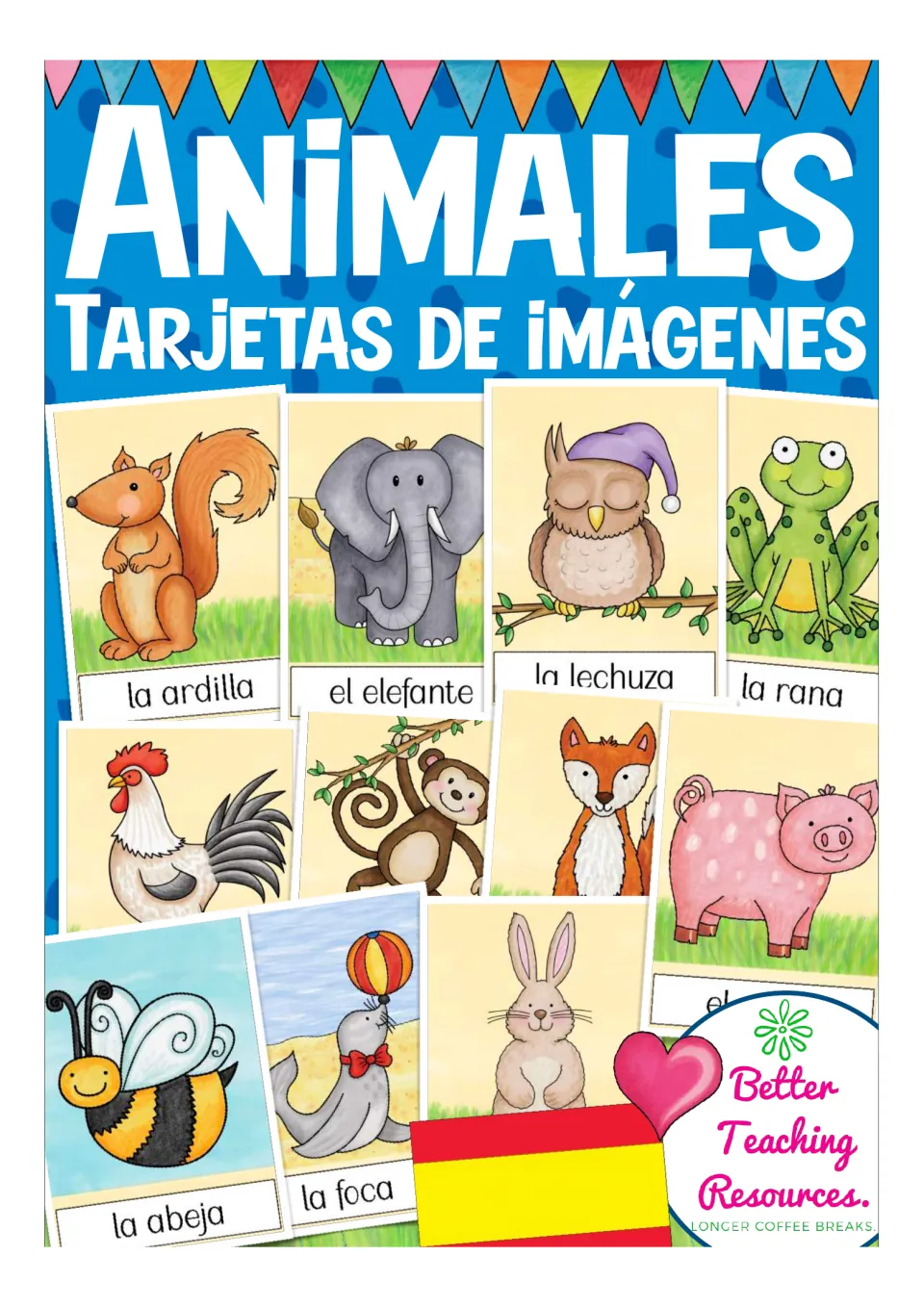 Cover of the Spanish animal flashcard set titled 'Animales: Tarjetas de imágenes', showing sample cards