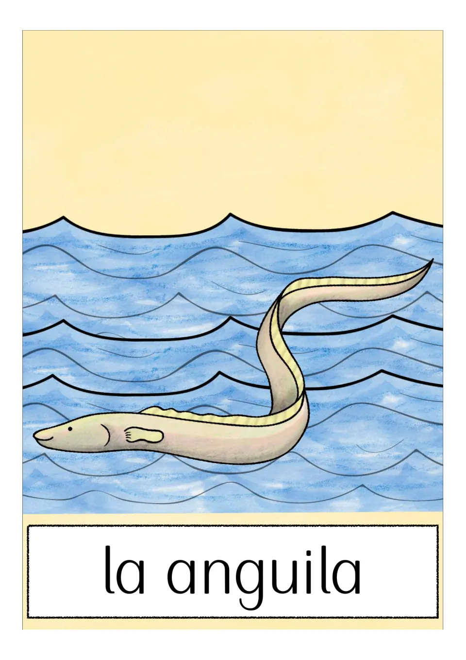 Spanish animal vocabulary flashcard labeled 'la anguila' (eel), showing a long eel swimming in water