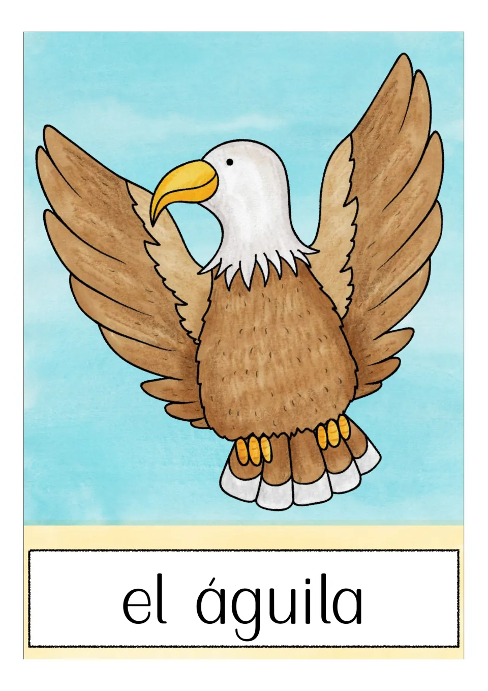 Spanish animal vocabulary flashcard labeled 'el águila' (eagle), showing an eagle with its wings raised