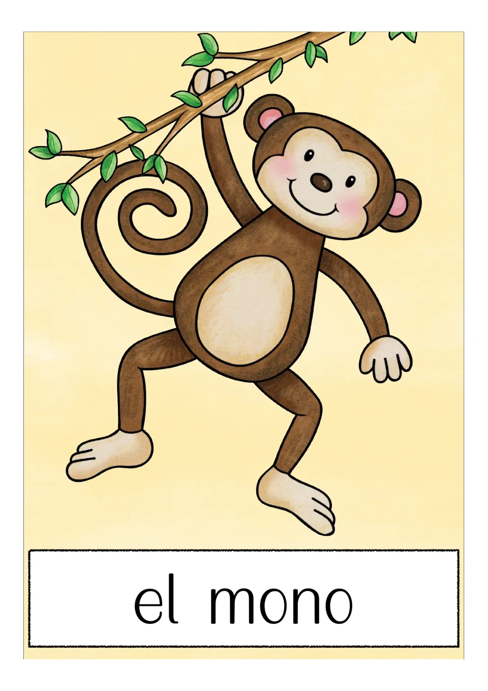 Spanish animal vocabulary flashcard labeled 'el mono' (monkey), showing a monkey hanging from a branch
