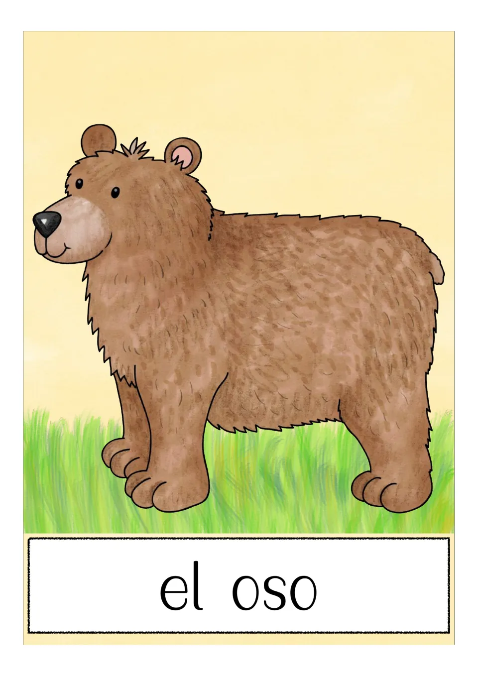 Spanish animal vocabulary flashcard labeled 'el oso' (bear), showing a brown bear standing on grass