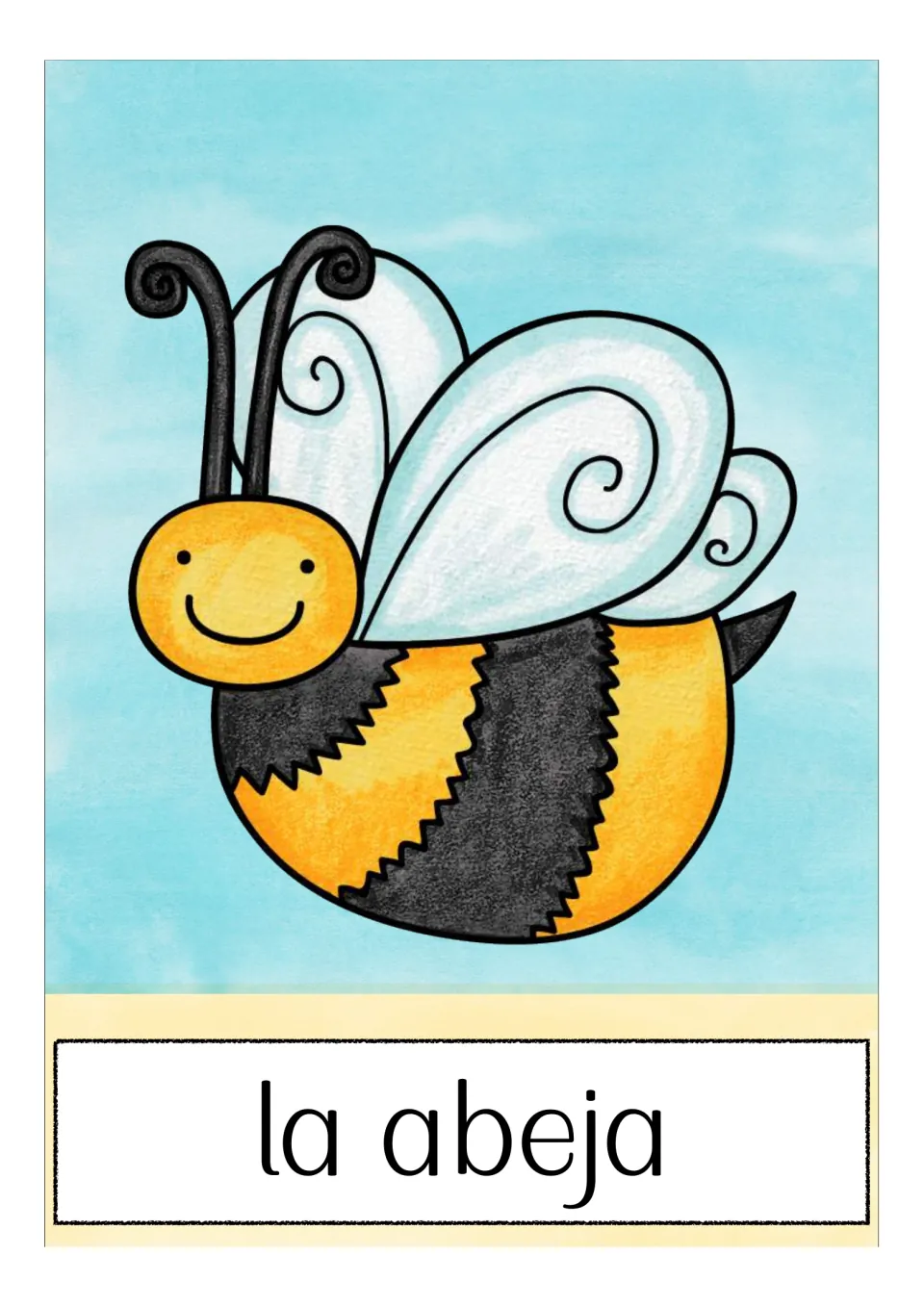 Spanish animal vocabulary flashcard labeled 'la abeja' (bee), showing a yellow and black bee with wings