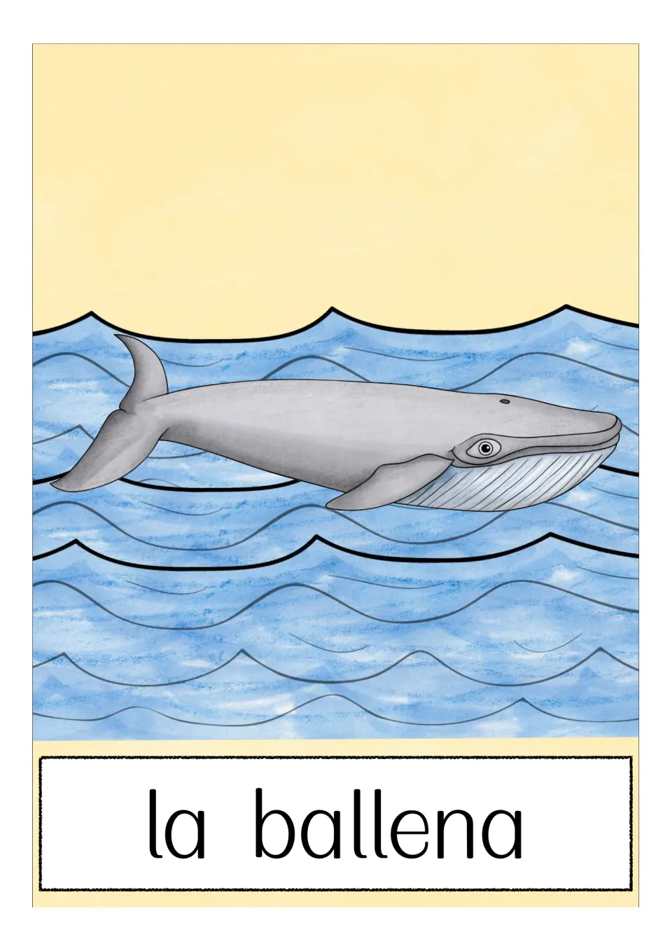 Spanish animal vocabulary flashcard labeled 'la ballena' (whale), showing a gray whale swimming in water