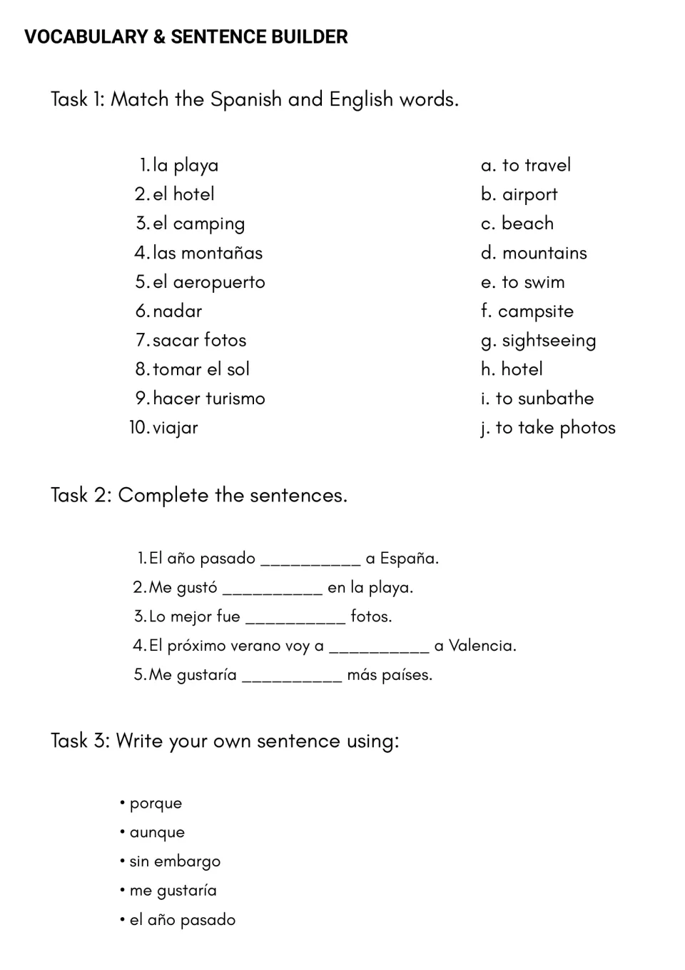 Vocabulary and sentence practice: la playa (beach), el hotel (hotel), travel verbs, and linking words