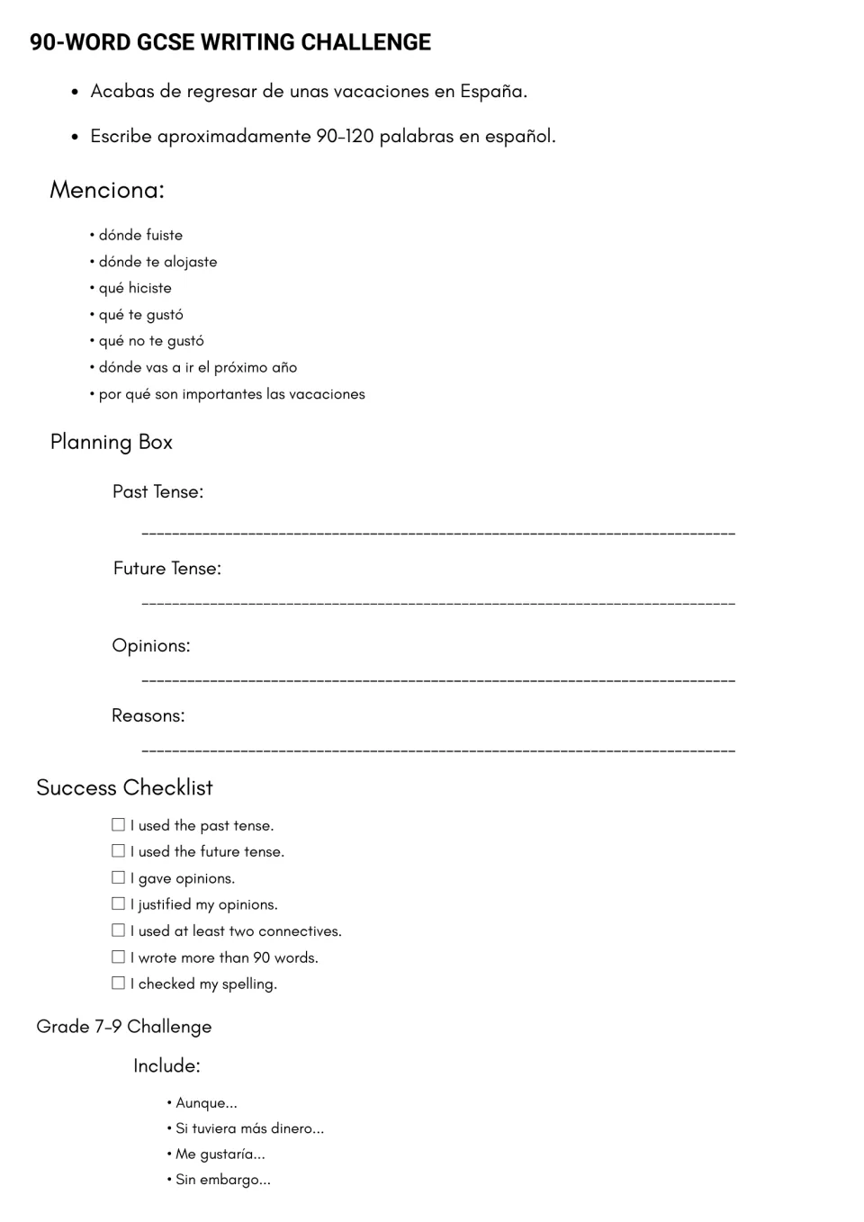 Spanish writing task: 90–120 words about a vacation in Spain, with planning prompts and a success checklist
