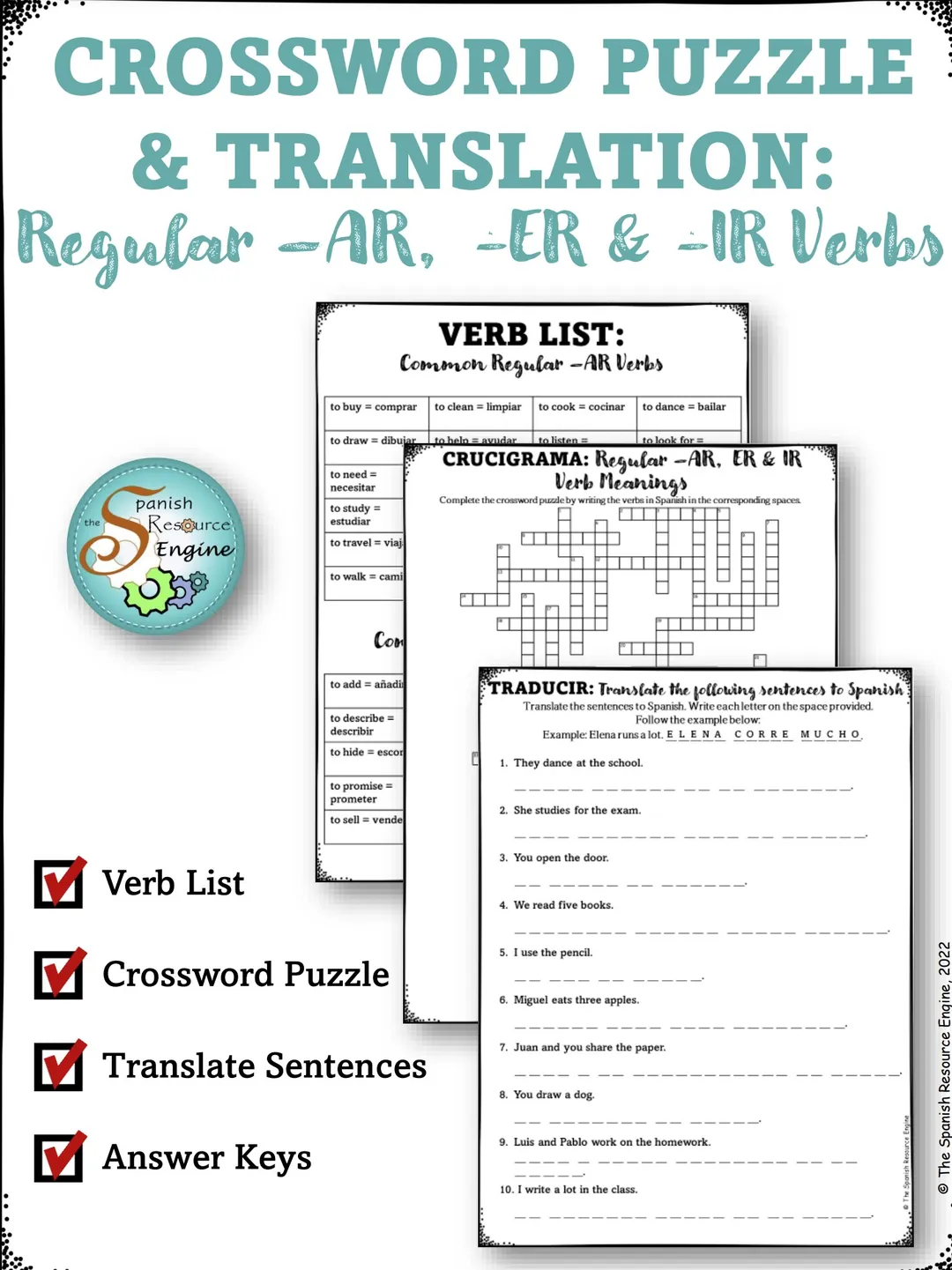 Spanish AR, ER, IR Regular Verbs – Activities Pack – cover