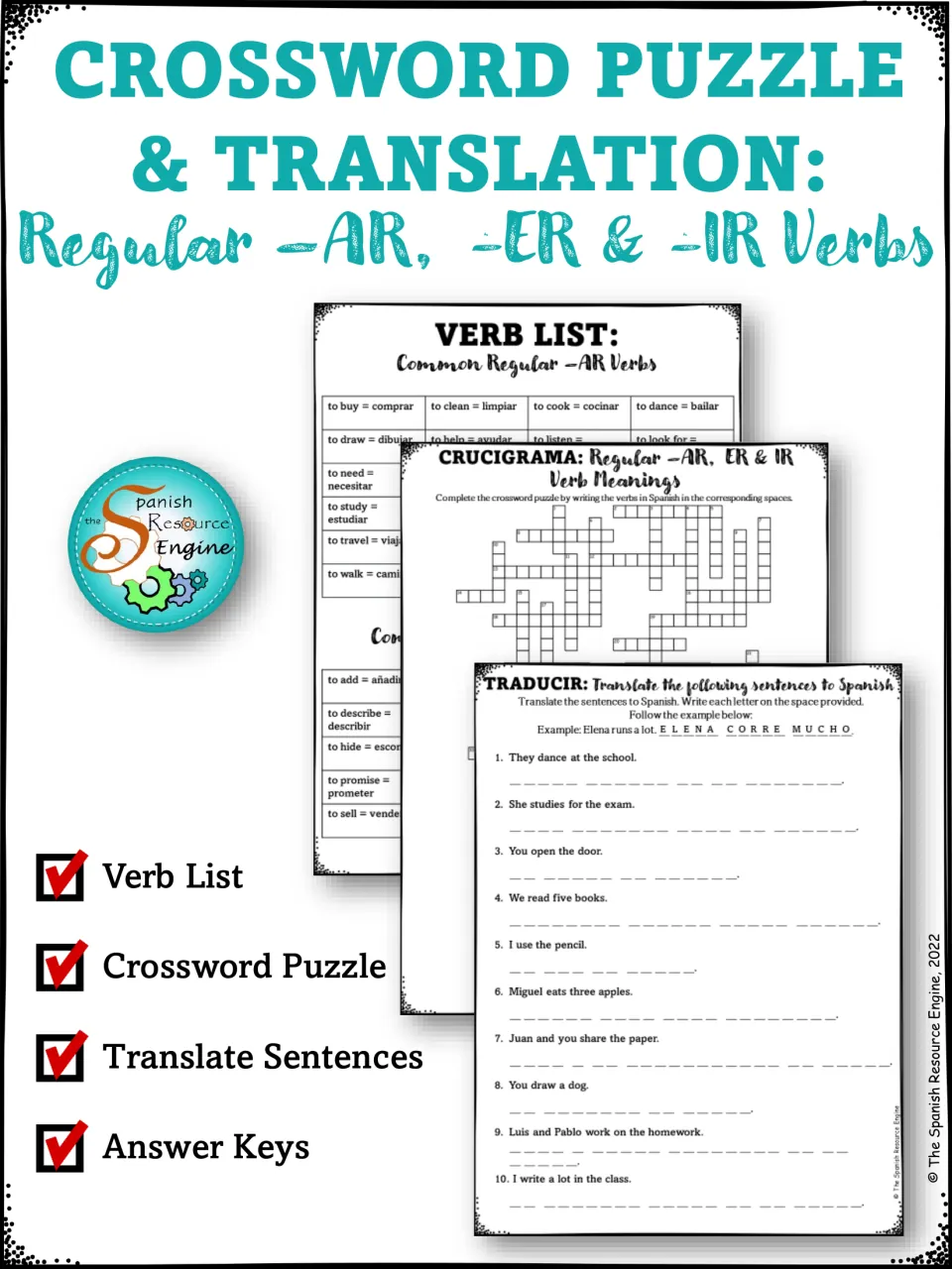 Cover for a crossword and translation set on regular -AR, -ER and -IR verbs: verb list, puzzle, sentences and answer keys