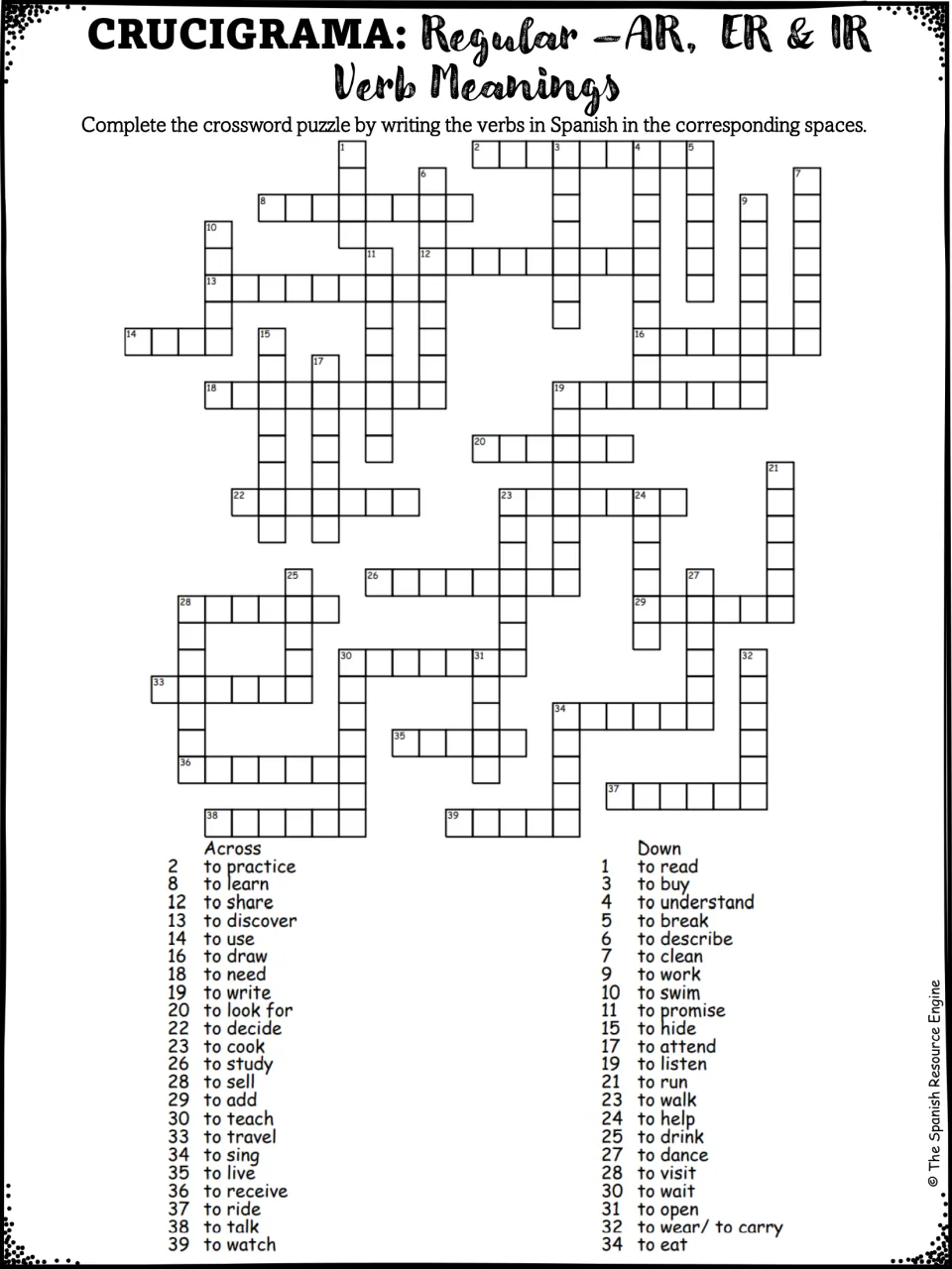 Crucigrama on verb meanings: students write the Spanish infinitive for 44 English clues, such as to practice and to read