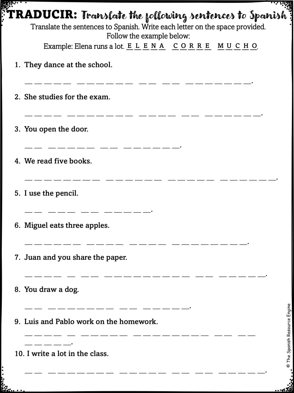 Traducir: students translate 10 English sentences into Spanish, one letter per blank, such as They dance at the school