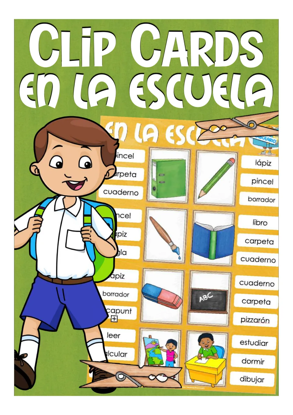 Clip Cards En la escuela cover: Spanish school vocabulary cards pairing pictures with three word choices to clip