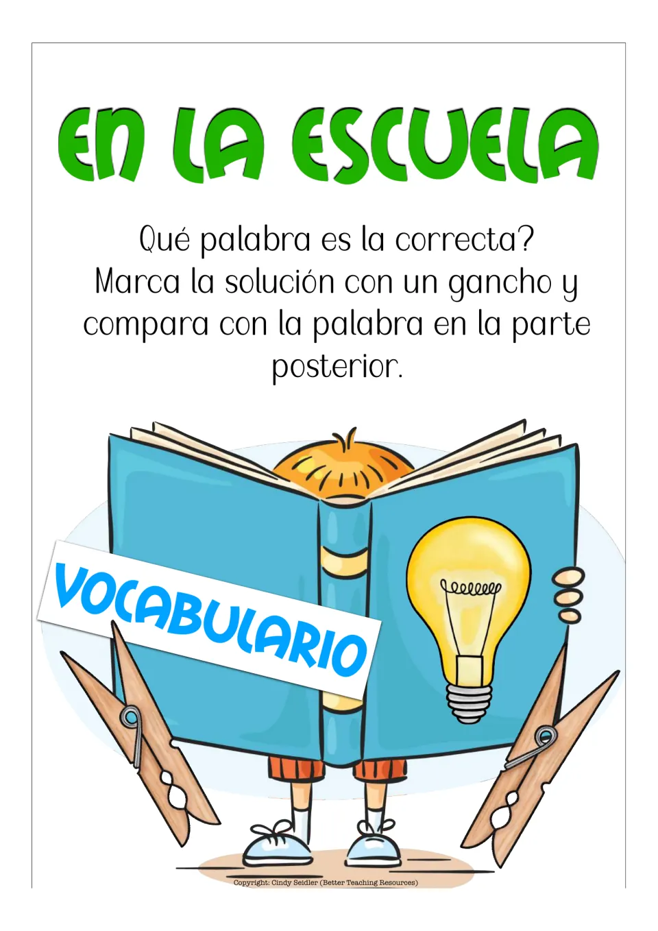 Vocabulario directions in Spanish: students clip the correct word for each picture, then check the back of the card