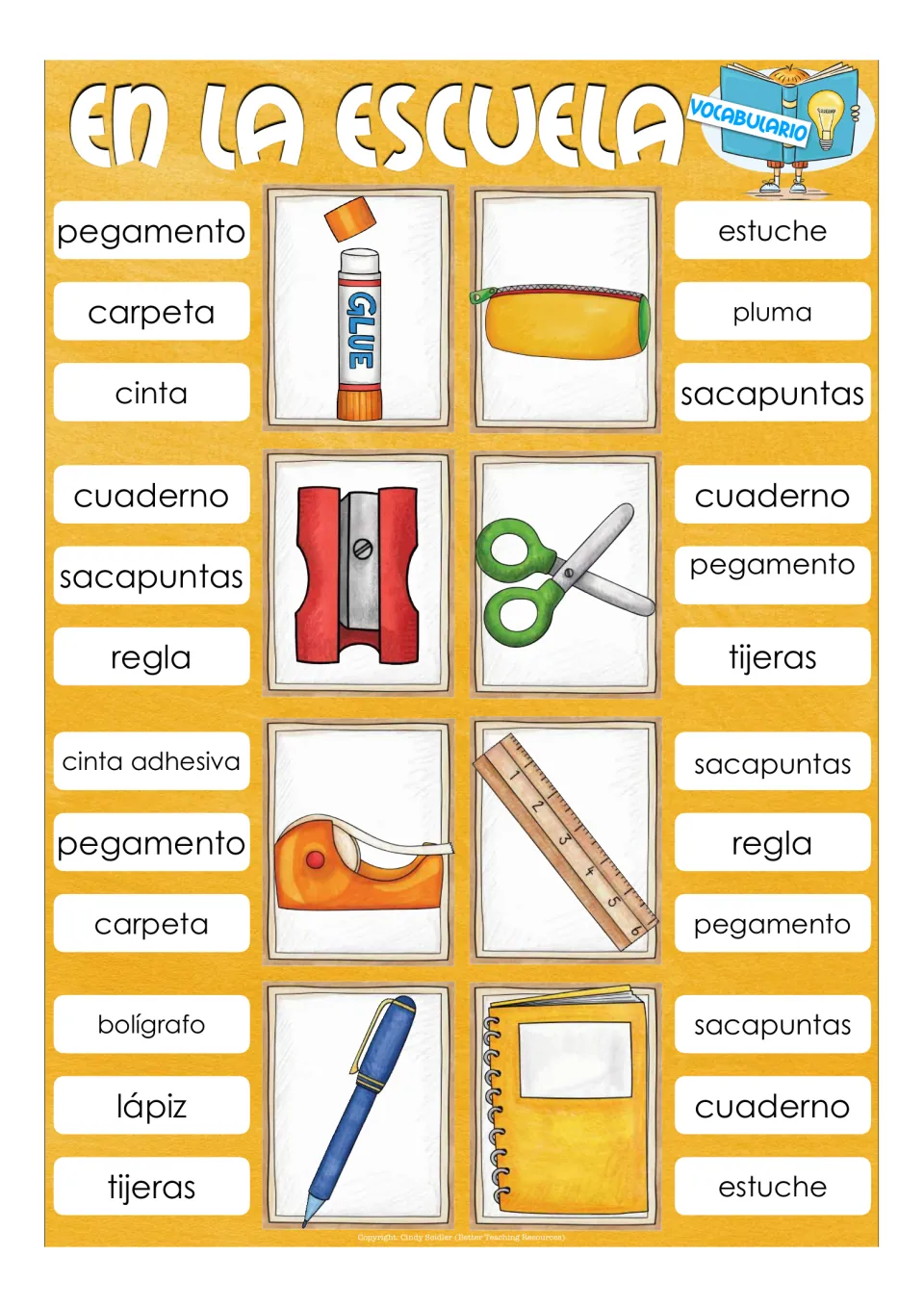 School supplies vocabulary: students clip the Spanish word for glue stick, pencil case, scissors, ruler, pen and notebook