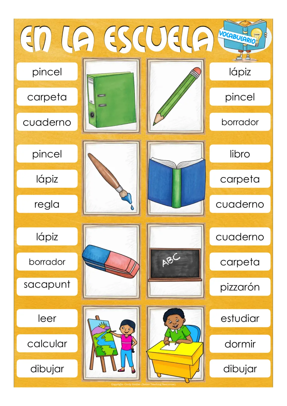 Spanish vocabulary: students clip the word for binder, pencil, paintbrush, book, eraser, chalkboard, draw and study